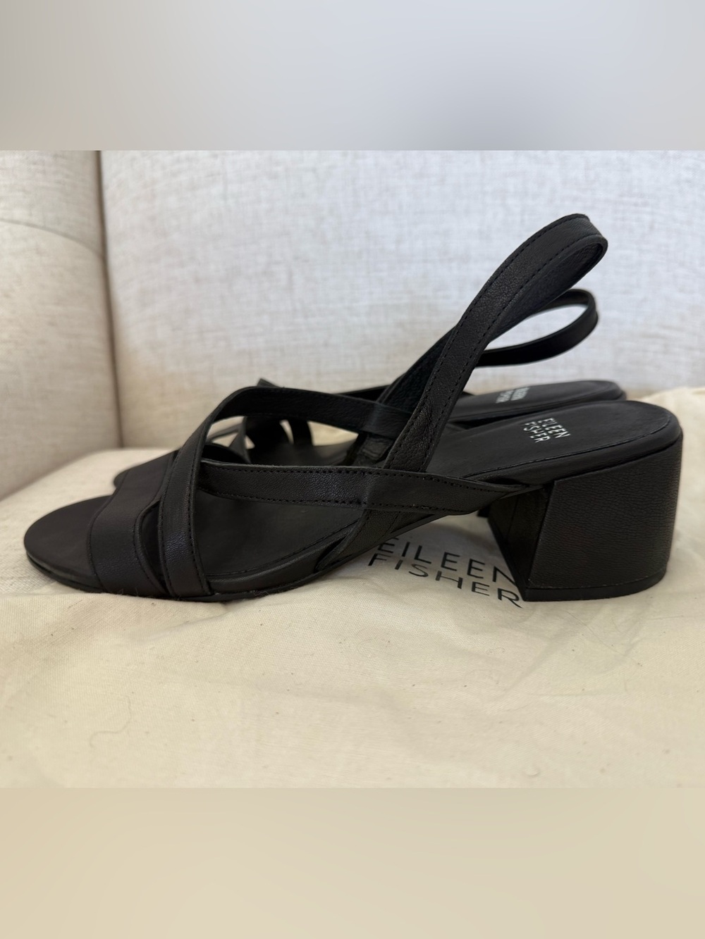 New Eileen Fisher Giga Block Heel Slingback Sandal Black Leather Women’s 9.5 - Picture 4 of 9